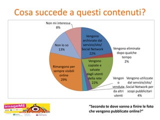 Cosa succede a questi contenuti? 
Vengono 
archiviate dal 
servizio/sito/ 
Social Network 
22% 
Vengono eliminate 
dopo qualche 
tempo 
Vengono 2% 
copiate e 
salvate 
dagli utenti 
della rete 
22% 
Vengon 
o 
vendute 
da altri 
utenti 
2% 
Vengono utilizzate 
dal servizio/sito/ 
Social Network per 
scopi pubblicitari 
4% 
Non mi interessa 
8% 
Non lo so 
13% 
Rimangono per 
sempre visibili 
online 
29% 
“Secondo te dove vanno a finire le foto 
che vengono pubblicate online?” 
 