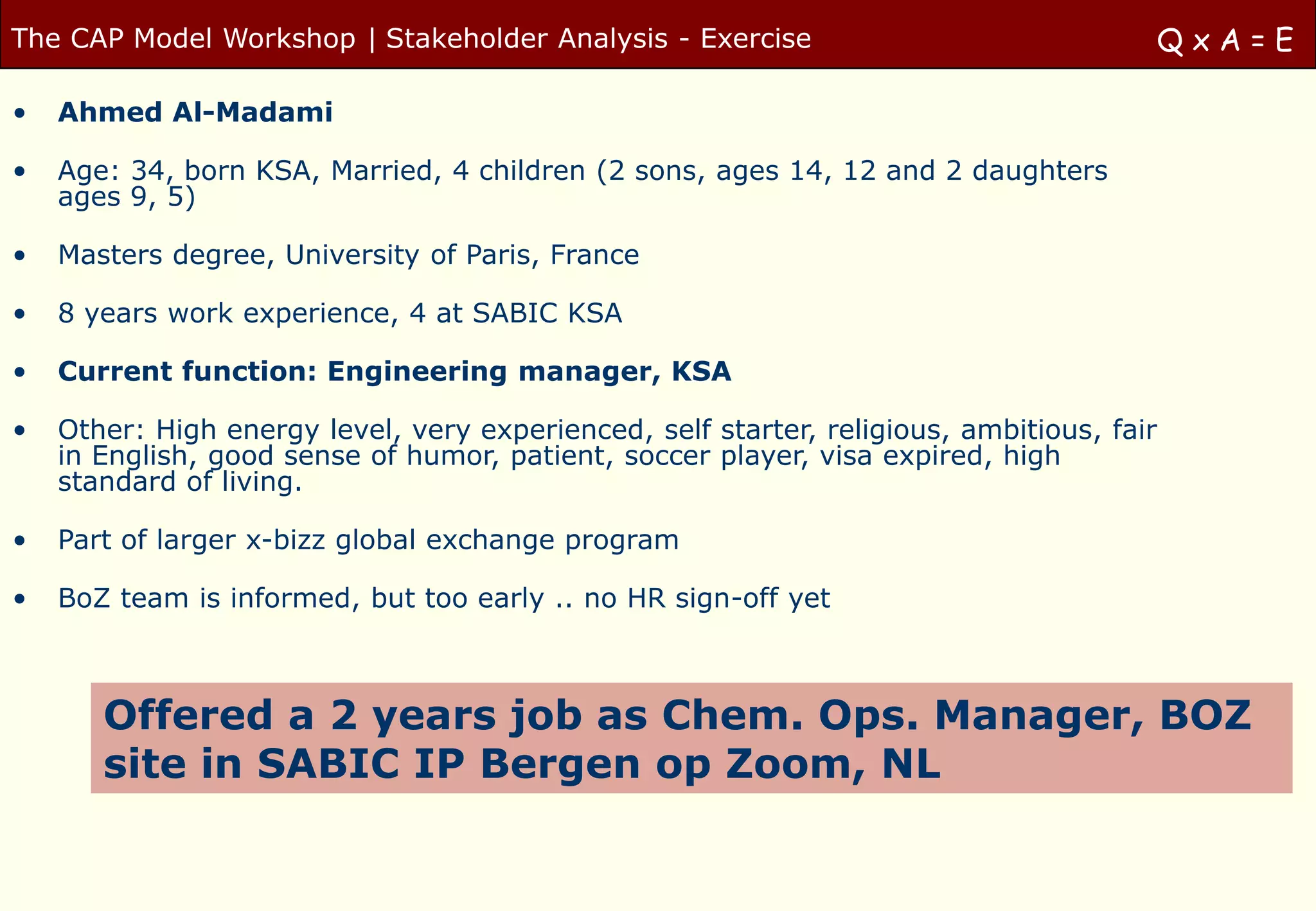 The CAP Model Workshop | Stakeholder Analysis - Exercise                               QxA=E

•   Ahmed Al-Madami

•   Age: 34, born KSA, Married, 4 children (2 sons, ages 14, 12 and 2 daughters
    ages 9, 5)

•   Masters degree, University of Paris, France

•   8 years work experience, 4 at SABIC KSA

•   Current function: Engineering manager, KSA

•   Other: High energy level, very experienced, self starter, religious, ambitious, fair
    in English, good sense of humor, patient, soccer player, visa expired, high
    standard of living.

•   Part of larger x-bizz global exchange program

•   BoZ team is informed, but too early .. no HR sign-off yet



       Offered a 2 years job as Chem. Ops. Manager, BOZ
       site in SABIC IP Bergen op Zoom, NL
 