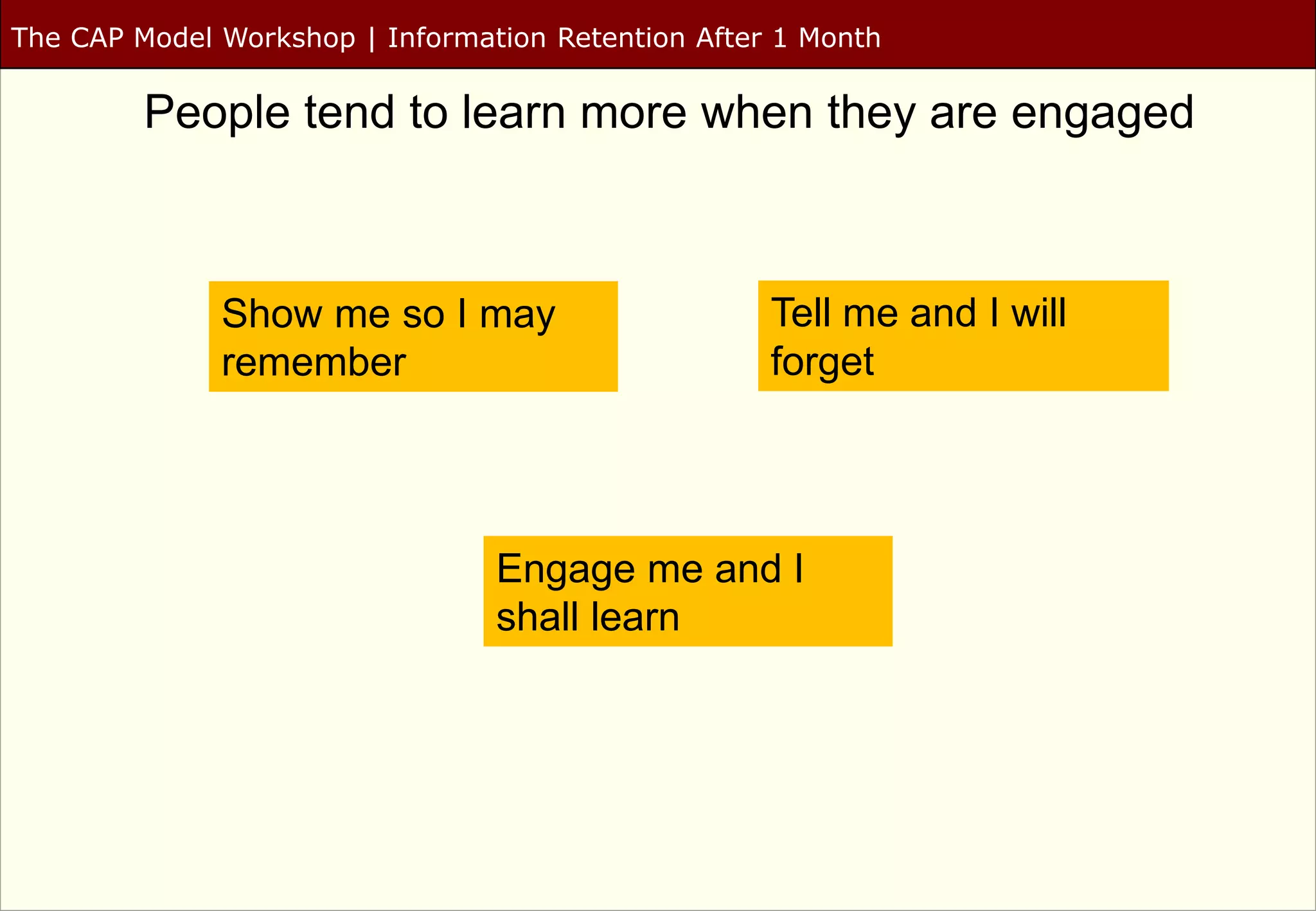 The CAP Model Workshop | Information Retention After 1 Month

         People tend to learn more when they are engaged



              Show me so I may                      Tell me and I will
              remember                              forget




                                 Engage me and I
                                 shall learn
 
