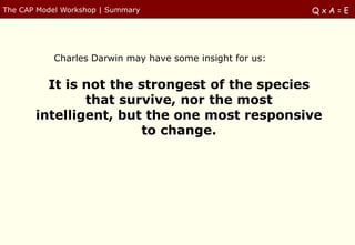 The CAP Model Workshop | Summary                          QxA=E




           Charles Darwin may have some insight for us:


         It is not the strongest of the species
               that survive, nor the most
       intelligent, but the one most responsive
                        to change.
 