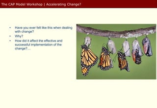 The CAP Model Workshop | Accelerating Change?




    •   Have you ever felt like this when dealing
        with change?
    •   Why?
    •   How did it affect the effective and
        successful implementation of the
        change?…
 
