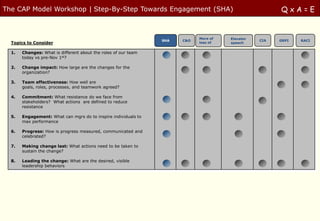 The CAP Model Workshop | Step-By-Step Towards Engagement (SHA)                                         QxA=E


                                                                            More of   Elevator
                                                                SHA   C&O                        CIA   GRPI   RACI
  Topics to Consider                                                        less of   speech


  1.   Changes: What is different about the roles of our team
       today vs pre-Nov 1st?

  2.   Change impact: How large are the changes for the
       organization?

  3.   Team effectiveness: How well are
       goals, roles, processes, and teamwork agreed?

  4.   Commitment: What resistance do we face from
       stakeholders? What actions are defined to reduce
       resistance

  5.   Engagement: What can mgrs do to inspire individuals to
       max performance

  6.   Progress: How is progress measured, communicated and
       celebrated?

  7.   Making change last: What actions need to be taken to
       sustain the change?

  8.   Leading the change: What are the desired, visible
       leadership behaviors
 