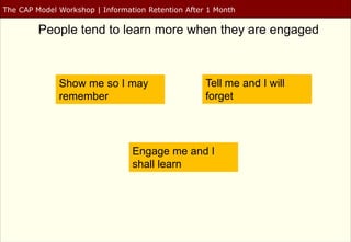 The CAP Model Workshop | Information Retention After 1 Month

         People tend to learn more when they are engaged



              Show me so I may                      Tell me and I will
              remember                              forget




                                 Engage me and I
                                 shall learn
 