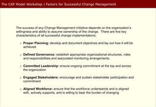 The CAP Model Workshop | Factors for Successful Change Management




        The success of any Change Management initiative depends on the organization’s
        willingness and ability to assume ownership of the change. There are five key
        characteristics of all successful change implementations:

          o Proper Planning: develop and document objectives and lay out how it will be
            achieved

          o Defined Governance: establish appropriate organizational structures, roles
            and responsibilities and associated monitoring arrangements.

          o Committed Leadership: ensure ongoing commitment at the top and across
            the organization

          o Engaged Stakeholders: encourage and sustain stakeholder participation and
            commitment

          o Aligned Workforce: ensure that the workforce understands and is aligned
            with, actively supports, and is willing to bear the burden of changing
 