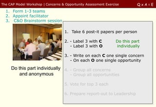 The CAP Model Workshop | Concerns & Opportunity Assessment Exercise        QxA=E
  1. Form 1-3 teams
  2. Appoint facilita...