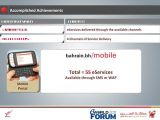 Total =  55  eServices Available through SMS or WAP Target  2010 Elements of Vision eServices delivered through the available channels Accomplished Achievements 4 Channels of Service Delivery Mobile Portal Available to All Multi Channels 