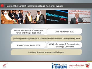Cisco Networkers 2010 Meeting of the Organization of Economic Cooperation and Development (OECD) Bahrain International eGovernment  Forum and IT Expo 2008-2010 MENA Information & Communication Technology Conference Arab e-Content Award 2009 Receiving Arab and International Delegates Hosting the Largest International and Regional Events 