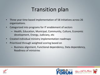 Transition plan Three year time based implementation of 58 initiatives across 26 organizations. Categorized into programs for IT enablement of sectors  Health, Education, Municipal, Community, Culture, Economic development, Energy, Judiciary, etc Created individual ministry implementation roadmaps  Prioritized through weighted scoring based on Business alignment, Functional dependency, Data dependency, Readiness of ministries 