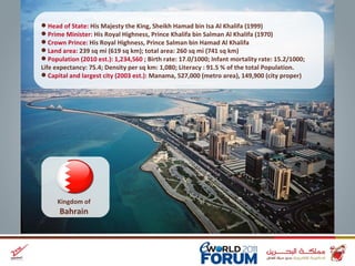 Head of State:  His Majesty the King, Sheikh Hamad bin Isa Al Khalifa (1999) Prime Minister:  His Royal Highness, Prince Khalifa bin Salman Al Khalifa (1970) Crown Prince:  His Royal Highness, Prince Salman bin Hamad Al Khalifa Land area:  239 sq mi (619 sq km); total area: 260 sq mi (741 sq km) Population (2010 est.): 1,234,560  ; Birth rate: 17.0/1000; Infant mortality rate: 15.2/1000; Life expectancy: 75.4; Density per sq km: 1,080; Literacy : 91.5 % of the total Population. Capital and largest city (2003 est.):  Manama, 527,000 (metro area), 149,900 (city proper) Kingdom of  Bahrain 