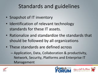 Standards and guidelines Snapshot of IT inventory Identification of relevant technology standards for these IT assets. Rationalize and standardize the standards that should be followed by all organizations These standards are defined across  Application, Data, Collaboration & productivity, Network, Security, Platforms and Enterprise IT Management 