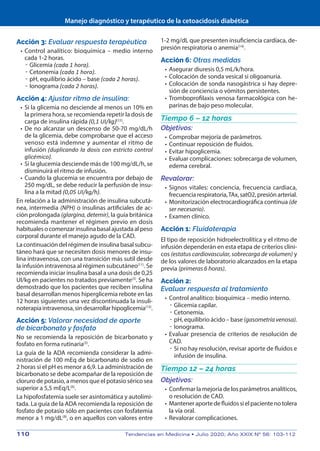 Manejo diagnóstico y terapéutico de la cetoacidosis diabética
110	 Tendencias en Medicina • Julio 2020; Año XXIX Nº 56: 103-112
Acción 3: Evaluar respuesta terapèutica
•	Control analítico: bioquímica – medio interno
cada 1-2 horas.
ű
ű Glicemia (cada 1 hora).
ű
ű Cetonemia (cada 1 hora).
ű
ű pH, equilibrio ácido – base (cada 2 horas).
ű
ű Ionograma (cada 2 horas).
Acción 4: Ajustar ritmo de insulina:
•	Si la glicemia no desciende al menos un 10% en
la primera hora, se recomienda repetir la dosis de
carga de insulina rápida (0,1 UI/kg)(11)
.
•	De no alcanzar un descenso de 50-70 mg/dL/h
de la glicemia, debe comprobarse que el acceso
venoso está indemne y aumentar el ritmo de
infusión (duplicando la dosis con estricto control
glicémico).
•	Si la glucemia desciende más de 100 mg/dL/h, se
disminuirá el ritmo de infusión.
•	Cuando la glucemia se encuentra por debajo de
250 mg/dL, se debe reducir la perfusión de insu-
lina a la mitad (0,05 UI/kg/h).
En relación a la administración de insulina subcutá-
nea, intermedia (NPH) o insulinas artificiales de ac-
ción prolongada (glargina, detemir), la guía británica
recomienda mantener el régimen previo en dosis
habitualesocomenzarinsulinabasalajustadaalpeso
corporal durante el manejo agudo de la CAD.
Lacontinuacióndelrégimendeinsulinabasalsubcu-
táneo hará que se necesiten dosis menores de insu-
lina intravenosa, con una transición más sutil desde
la infusión intravenosa al régimen subcutáneo(11)
. Se
recomienda iniciar insulina basal a una dosis de 0,25
UI/kg en pacientes no tratados previamente(3)
. Se ha
demostrado que los pacientes que reciben insulina
basal desarrollan menos hiperglicemia rebote en las
12 horas siguientes una vez discontinuada la insuli-
noterapiaintravenosa,sindesarrollarhipoglicemia(13)
.
Acción 5: Valorar necesidad de aporte
de bicarbonato y fosfato
No se recomienda la reposición de bicarbonato y
fosfato en forma rutinaria(3)
.
La guía de la ADA recomienda considerar la admi-
nistración de 100 mEq de bicarbonato de sodio en
2 horas si el pH es menor a 6,9. La administración de
bicarbonato se debe acompañar de la reposición de
cloruro de potasio, a menos que el potasio sérico sea
superior a 5,5 mEq/L(6)
.
La hipofosfatemia suele ser asintomática y autolimi-
tada. La guía de la ADA recomienda la reposición de
fosfato de potasio sólo en pacientes con fosfatemia
menor a 1 mg/dL(8)
, o en aquellos con valores entre
1-2 mg/dL que presenten insuficiencia cardíaca, de-
presión respiratoria o anemia(14)
.
Acción 6: Otras medidas
•	Asegurar diuresis 0,5 mL/k/hora.
•	Colocación de sonda vesical si oligoanuria.
•	Colocación de sonda nasogástrica si hay depre-
sión de conciencia o vómitos persistentes.
•	Tromboprofilaxis venosa farmacológica con he-
parinas de bajo peso molecular.
Tiempo 6 – 12 horas
Objetivos:
•	Comprobar mejoría de parámetros.
•	Continuar reposición de fluidos.
•	Evitar hipoglicemia.
•	Evaluar complicaciones: sobrecarga de volumen,
edema cerebral.
Revalorar:
•	Signos vitales: conciencia, frecuencia cardiaca,
frecuenciarespiratoria,TAx,satO2,presiónarterial.
•	Monitorización electrocardiográfica continua (de
ser necesario).
•	Examen clínico.
Acción 1: Fluidoterapia
El tipo de reposición hidroelectrolítica y el ritmo de
infusión dependerán en esta etapa de criterios clíni-
cos (estatus cardiovascular, sobrecarga de volumen) y
de los valores de laboratorio alcanzados en la etapa
previa (primeras 6 horas).
Acción 2:
Evaluar respuesta al tratamiento
•	Control analítico: bioquímica – medio interno.
ű
ű Glicemia capilar.
ű
ű Cetonemia.
ű
ű pH, equilibrio ácido – base (gasometríavenosa).
ű
ű Ionograma.
•	Evaluar presencia de criterios de resolución de
CAD.
ű
ű Si no hay resolución, revisar aporte de fluidos e
infusión de insulina.
Tiempo 12 – 24 horas
Objetivos:
•	Confirmar la mejoría de los parámetros analíticos,
o resolución de CAD.
•	Manteneraportedefluidossielpacientenotolera
la vía oral.
•	Revalorar complicaciones.
 