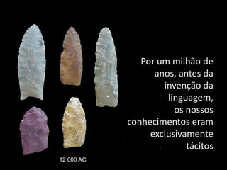 Por um milhão de
      anos, antes da
        invenção da
         linguagem,
           os nossos
conhecimentos eram
     exclusivamente
              tácitos
 