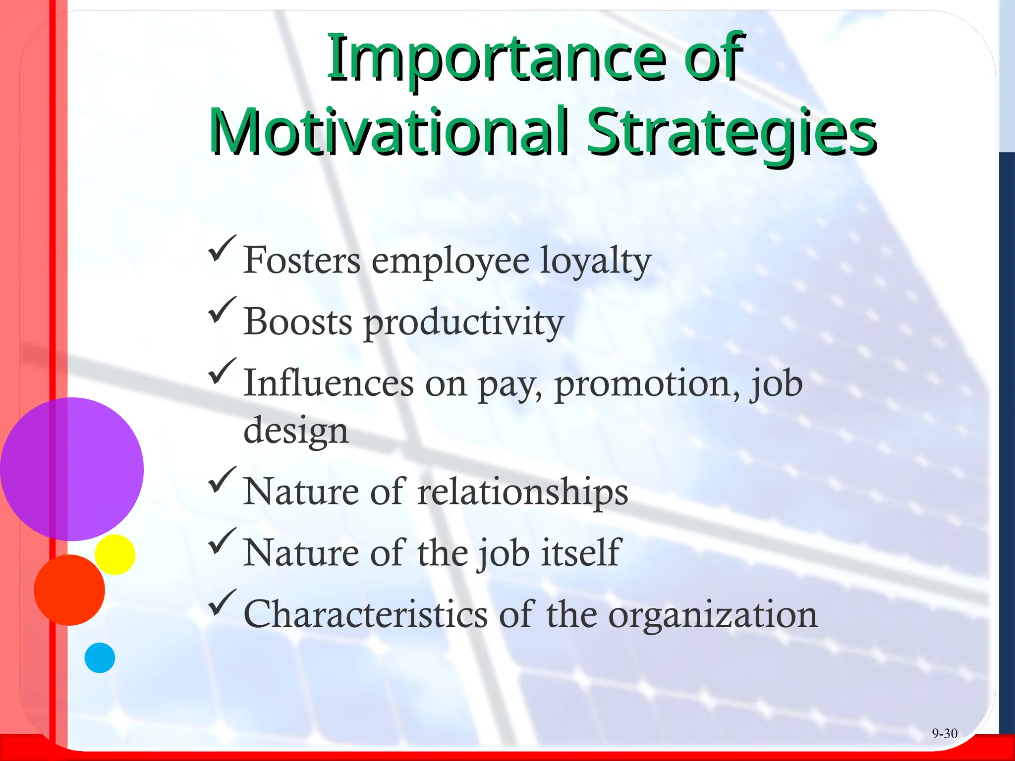 Importance of
Importance of
Motivational Strategies
Motivational Strategies
Fosters employee loyalty
Boosts productivity
Influences on pay, promotion, job
design
Nature of relationships
Nature of the job itself
Characteristics of the organization
9-30
 