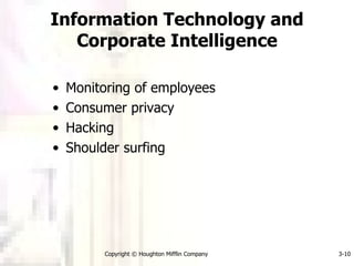 Information Technology and Corporate Intelligence Monitoring of employees Consumer privacy Hacking Shoulder surfing Copyright © Houghton Mifflin Company 3- 