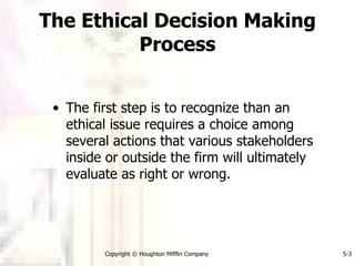 The Ethical Decision Making Process The first step is to recognize than an ethical issue requires a choice among several actions that various stakeholders inside or outside the firm will ultimately evaluate as right or wrong. 