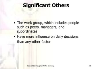 Significant Others The work group, which includes people such as peers, managers, and subordinates  Have more influence on daily decisions  than any other factor  