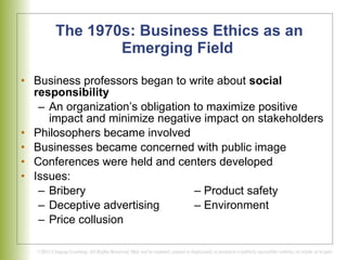 The 1970s: Business Ethics as an Emerging Field   Business professors began to write about  social responsibility An organization’s obligation to maximize positive impact and minimize negative impact on stakeholders Philosophers became involved Businesses became concerned with public image Conferences were held and centers developed Issues:  Bribery  – Product safety Deceptive advertising  – Environment Price collusion  