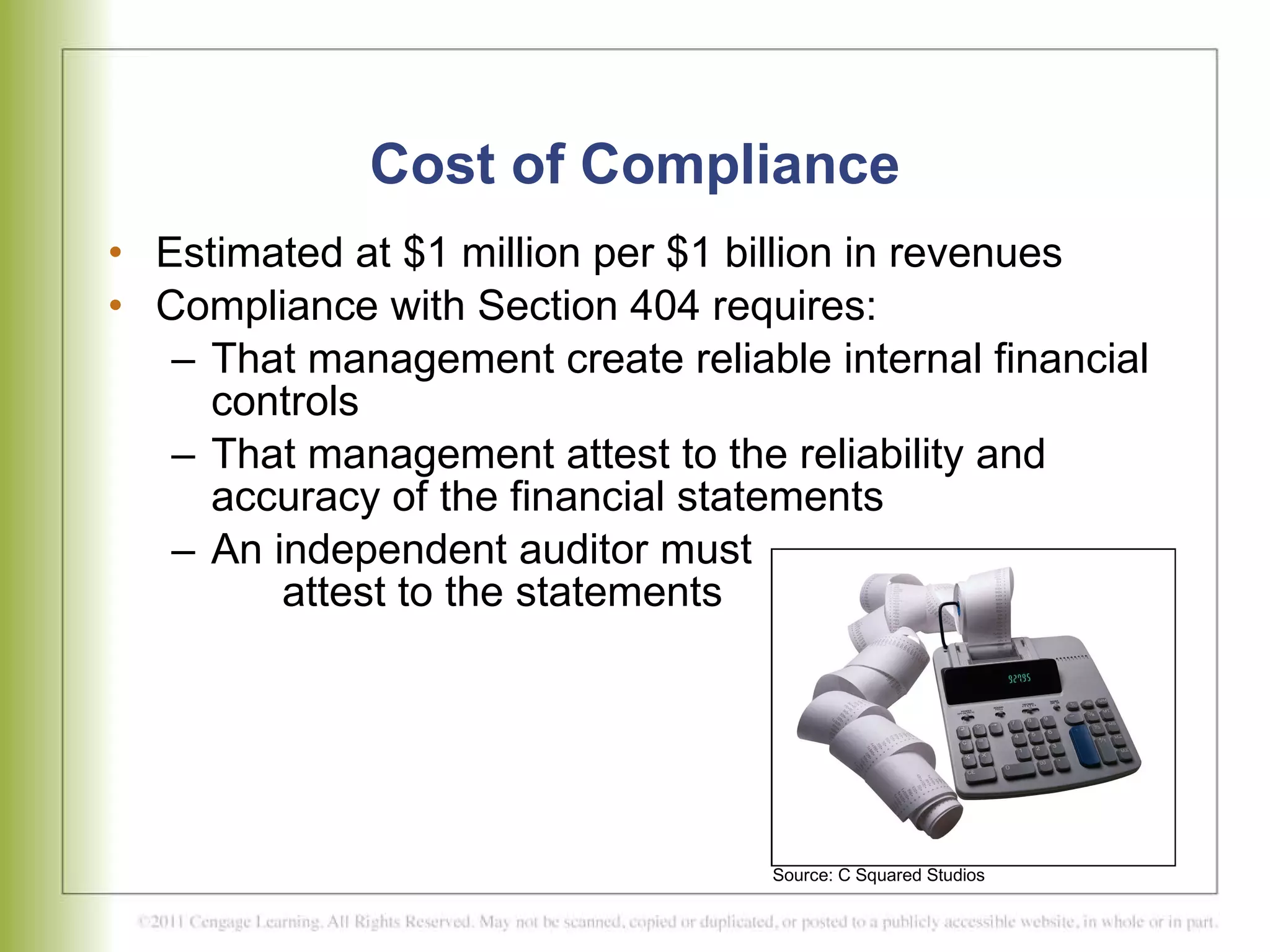 Cost of Compliance Estimated at $1 million per $1 billion in revenues Compliance with Section 404 requires: That management create reliable internal financial controls That management attest to the reliability and accuracy of the financial statements  An independent auditor must  attest to the statements Source: C Squared Studios 