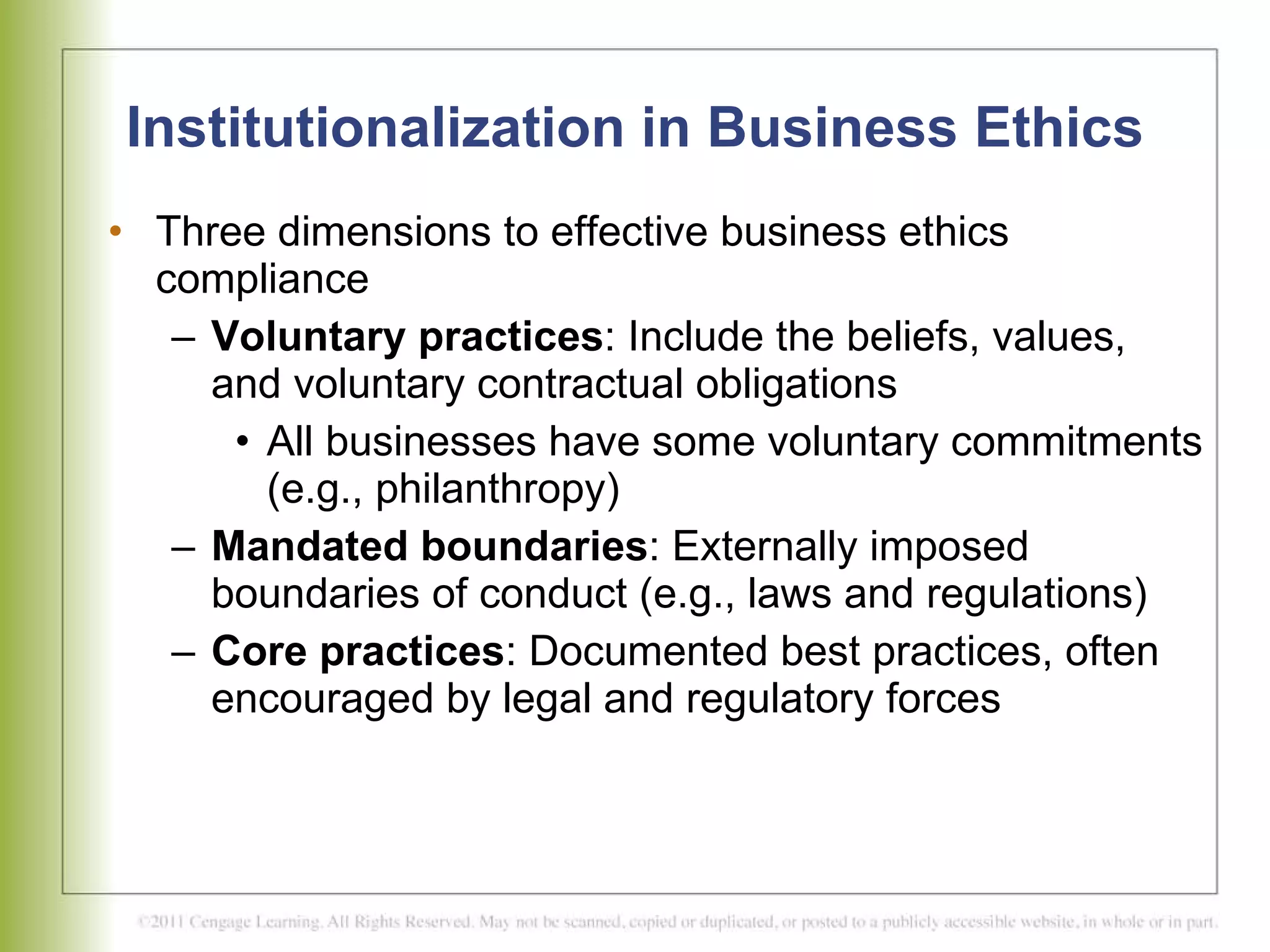 Institutionalization in Business Ethics Three dimensions to effective business ethics compliance Voluntary practices : Include the beliefs, values, and voluntary contractual obligations  All businesses have some voluntary commitments (e.g., philanthropy) Mandated boundaries : Externally imposed boundaries of conduct (e.g., laws and regulations) Core practices : Documented best practices, often encouraged by legal and regulatory forces 