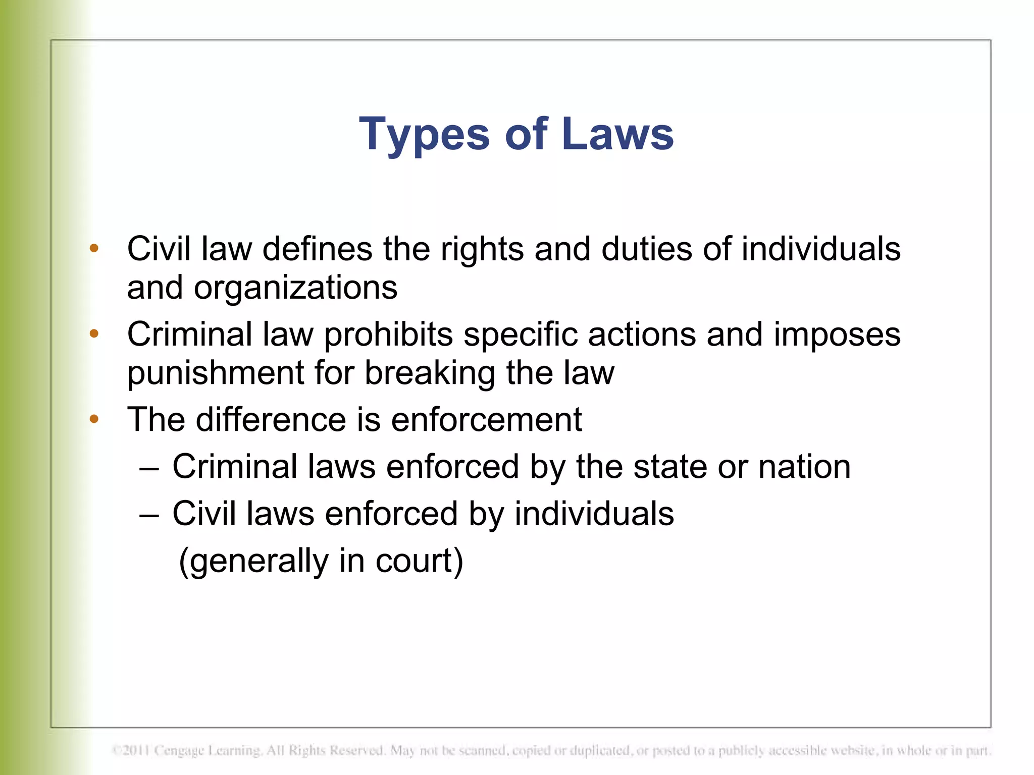 Types of Laws Civil law defines the rights and duties of individuals and organizations Criminal law prohibits specific actions and imposes punishment for breaking the law The difference is enforcement Criminal laws enforced by the state or nation Civil laws enforced by individuals  (generally in court) 