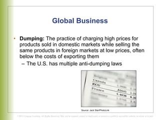 Global Business Dumping:  The practice of charging high prices for products sold in domestic markets while selling the same products in foreign markets at low prices, often below the costs of exporting them The U.S. has multiple anti-dumping laws Source: Jack Star/PhotoLink 