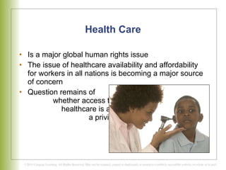 Health Care Is a major global human rights issue The issue of healthcare availability and affordability for workers in all nations is becoming a major source of concern  Question remains of  whether access to  healthcare is a right or  a privilege 