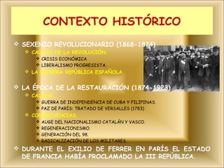 CONTEXTO HISTÓRICO
 SEXENIO REVOLUCIONARIO (1868-1874)
   CAUSAS DE LA REVOLUCIÓN.
      CRISIS ECONÓMICA
      LIBERALISMO PROGRESISTA.
   LA PRIMERA REPÚBLICA ESPAÑOLA.


 LA ÉPOCA DE LA RESTAURACIÓN (1874-1923)
   CAUSAS.
      GUERRA DE INDEPENDENCIA DE CUBA Y FILIPINAS.
      PAZ DE PARÍS: TRATADO DE VERSALLES (1783)
   CONSECUENCIAS.
        AUGE DEL NACIONALISMO CATALÁN Y VASCO.
        REGENERACIONISMO.
        GENERACIÓN DEL 98.
        RADICALIZACIÓN DE LOS MILITARES.
 DURANTE EL EXILIO DE FERRER EN PARÍS EL ESTADO
  DE FRANCIA HABÍA PROCLAMADO LA III REPÚBLICA.
 