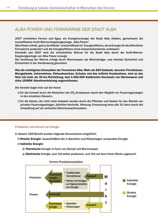 110
        Einleitung ● Lokale Gemeinschaften ● Menschen bei Ferrero




      ALBA POWER UND FERNWÄRME DER STADT ALBA

      2007 errichteten Ferrero und Egea, ein Energieversorger der Stadt Alba (Italien), gemeinsam die
      hocheffiziente Kraft-Wärme-Kopplungsanlage „Alba Power“.
      Alba Power erhielt „grüne Zertifikate“ und Zertifikate für Energieeffizienz, da es Energie für die öffentliche
      Fernwärme produziert und die Energieeffizienz eines Industriestandortes verbessert.
      Ebenfalls seit 2007 wird die erforderliche Wärme für die Stadt Alba durch die Kraft-Wärme-
      Kopplungsanlage von Alba Power erzeugt.
      Die Verteilung der Wärme erfolgt durch Warmwasser als Wärmeträger, was höchste Sicherheit und
      Einfachheit in der Handhabung garantiert.

      Hier die wichtigsten Kennzahlen der Fernwärme Alba: Mehr als 820 Gebäude, darunter Privathäuser,
      Bürogebäude, Unternehmen, Einkaufszentren, Schulen und das örtliche Krankenhaus, sind an das
      Netz mit mehr als 30 km Rohrleitung, fast 4.000.000 Kubikmeter Durchsatz von Warmwasser und
      zirka 100MW Abnehmerleistung angeschlossen.

      Die Vorteile liegen klar auf der Hand:
          für die Umwelt durch die Reduktion der CO2-Emissionen durch den Wegfall von Feuerungsanlagen
          in den einzelnen Häusern;
          für die Nutzer, die nicht mehr belastet werden durch die Pflichten und Kosten für den Betrieb von
          privaten Feuerungsanlagen, jährliche Kontrolle, Wartung; Erneuerung etwa alle 10 Jahre durch die
          Umstellung auf ein einfaches Wärmetauschersystem.




      Produktion und Ankauf von Energie

      In diesem CSR-Bericht wurden folgende Konventionen eingeführt:
          Direkte Energie: Ausschließlich die in Backöfen und Röstanlagen verwendete Energie.
          Indirekte Energie:
               Thermische Energie in Form von Dampf und Warmwasser.
               Elektrische Energie, zum Teil selbst produziert, zum Teil auf dem freien Markt zugekauft.

                                   Ferrero Produktionsstätten


                                                •  raditioneller
                                                  T
                                   Thermische
                  Produktion       Energie /
                                                  Dampfkessel      Treibstoff     M
                                   Elektrizität • Werke mit Anlagen                                   Indirekte
                                                 zur Eigenproduktion               a                  Energie
                                                 von Energie
                                                                                   r
                                                                                                      Direkte
                  Prozess          Elektrizität
                                                                                   k                  Energie

                                   Thermische •  acköfen
                                                B                                  t
                                                                    Treibstoff
                                   Energie    •  östanlagen
                                                R
 