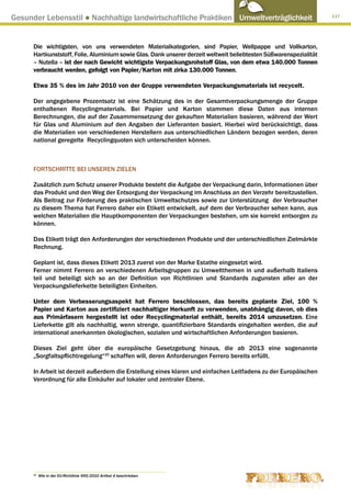 Gesunder Lebensstil ● Nachhaltige landwirtschaftliche Praktiken Umweltverträglichkeit                               117




      Die wichtigsten, von uns verwendeten Materialkategorien, sind Papier, Wellpappe und Vollkarton,
      Hartkunststoff, Folie, Aluminium sowie Glas. Dank unserer derzeit weltweit beliebtesten Süßwarenspezialität
      – Nutella – ist der nach Gewicht wichtigste Verpackungsrohstoff Glas, von dem etwa 140.000 Tonnen
      verbraucht werden, gefolgt von Papier/Karton mit zirka 130.000 Tonnen.

      Etwa 35 % des im Jahr 2010 von der Gruppe verwendeten Verpackungsmaterials ist recycelt.

      Der angegebene Prozentsatz ist eine Schätzung des in der Gesamtverpackungsmenge der Gruppe
      enthaltenen Recyclingmaterials. Bei Papier und Karton stammen diese Daten aus internen
      Berechnungen, die auf der Zusammensetzung der gekauften Materialien basieren, während der Wert
      für Glas und Aluminium auf den Angaben der Lieferanten basiert. Hierbei wird berücksichtigt, dass
      die Materialien von verschiedenen Herstellern aus unterschiedlichen Ländern bezogen werden, deren
      national geregelte Recyclingquoten sich unterscheiden können.



      FORTSCHRITTE BEI UNSEREN ZIELEN

      Zusätzlich zum Schutz unserer Produkte besteht die Aufgabe der Verpackung darin, Informationen über
      das Produkt und den Weg der Entsorgung der Verpackung im Anschluss an den Verzehr bereitzustellen.
      Als Beitrag zur Förderung des praktischen Umweltschutzes sowie zur Unterstützung der Verbraucher
      zu diesem Thema hat Ferrero daher ein Etikett entwickelt, auf dem der Verbraucher sehen kann, aus
      welchen Materialien die Hauptkomponenten der Verpackungen bestehen, um sie korrekt entsorgen zu
      können.

      Das Etikett trägt den Anforderungen der verschiedenen Produkte und der unterschiedlichen Zielmärkte
      Rechnung.

      Geplant ist, dass dieses Etikett 2013 zuerst von der Marke Estathe eingesetzt wird.
      Ferner nimmt Ferrero an verschiedenen Arbeitsgruppen zu Umweltthemen in und außerhalb Italiens
      teil und beteiligt sich so an der Definition von Richtlinien und Standards zugunsten aller an der
      Verpackungslieferkette beteiligten Einheiten.

      Unter dem Verbesserungsaspekt hat Ferrero beschlossen, das bereits geplante Ziel, 100 %
      Papier und Karton aus zertifiziert nachhaltiger Herkunft zu verwenden, unabhängig davon, ob dies
      aus Primärfasern hergestellt ist oder Recyclingmaterial enthält, bereits 2014 umzusetzen. Eine
      Lieferkette gilt als nachhaltig, wenn strenge, quantifizierbare Standards eingehalten werden, die auf
      international anerkannten ökologischen, sozialen und wirtschaftlichen Anforderungen basieren.

      Dieses Ziel geht über die europäische Gesetzgebung hinaus, die ab 2013 eine sogenannte
      „Sorgfaltspflichtregelung“10 schaffen will, deren Anforderungen Ferrero bereits erfüllt.

      In Arbeit ist derzeit außerdem die Erstellung eines klaren und einfachen Leitfadens zu der Europäischen
      Verordnung für alle Einkäufer auf lokaler und zentraler Ebene.




      10
           Wie in der EU-Richtlinie 995/2010 Artikel 4 beschrieben.
 