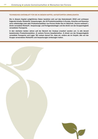122
        Einleitung ● Lokale Gemeinschaften ● Menschen bei Ferrero



      TECHNISCHES DATENBLATT FÜR DIE IN DIESEM KAPITEL AUFGEFÜHRTEN UMWELDDATEN

      Die in diesem Kapitel aufgeführten Daten beziehen sich auf das Kalenderjahr 2010 und umfassen
      folgende Inhalte: Rohstoffe, Verpackungen, die 15 Produktionsstätten in Europa, Amerika und Ozeanien
      (eine vollständige Liste aller Produktionsstätten von Ferrero finden Sie im Abschnitt „Ferrero weltweit“),
      direkt verwaltete Rohstoff-, Verpackungs- und Fertigproduktlager und die direkt von der Gruppenlogistik
      verwalteten Transporte.
      In den nächsten beiden Jahren soll der Bereich der Analyse erweitert werden um: 1) alle derzeit
      bestehenden Produktionsstätten, 2) weitere Ferrero Gesellschaften, 3) direkt von der Gruppenlogistik
      verwaltete Transporte und Lager. Wir weisen darauf hin, dass wir, anders als im Vorjahr, alle von der
      Gruppe verwendeten Rohstoffe und Verpackungen einbezogen haben.
 