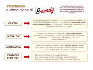 2. Introduzione di
OBIETTIVI
MODALITA’
VANTAGGI
PERSEGUITI
ALTERNATIVA
“Nutella B-ready è un prodotto
unico che unisce all...