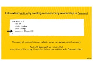 Let’s extend Article by creating a one-to-many-relationship to Comment
The array of comments is non-nullable, so we can always expect an array.
And with Comment! we require that
every item of the array (if any) has to be a non-nullable valid Comment object.
type Article {
id: ID!
title: String!
url: String!
comments: [Comment!]!
}
 