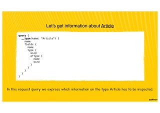 query {
__type(name: "Article") {
name
fields {
name
type {
kind
ofType {
name
kind
}
}
}
}
}
Let’s get information about Article
In this request query we express which information on the type Article has to be inspected.
 