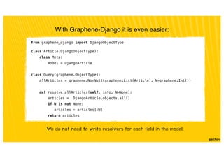 With Graphene-Django it is even easier:
from graphene_django import DjangoObjectType
class Article(DjangoObjectType):
class Meta:
model = DjangoArticle
class Query(graphene.ObjectType):
allArticles = graphene.NonNull(graphene.List(Article), N=graphene.Int())
def resolve_allArticles(self, info, N=None):
articles = DjangoArticle.objects.all()
if N is not None:
articles = articles[:N]
return articles
We do not need to write resolvers for each field in the model.
 