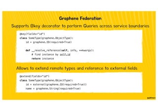 Supports @key decorator to perform Queries across service boundaries
Graphene Federation
Allows to extend remote types and reference to external fields
@key(fields="id")
class SomeType(graphene.ObjectType):
id = graphene.ID(required=True)
def __resolve_reference(self, info, **kwargs):
# find instance by self.id
return instance
@extend(fields="id")
class SomeType(graphene.ObjectType):
id = external(graphene.ID(required=True))
name = graphene.String(required=True)
 