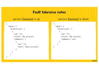 Fault tolerance notes
{
"data": {
"allArticles": [
{
"id": "1",
"title": "My article",
"comments": [
{
"id": "1",
"text": "Nice article",
}
}
]
}
{
"data": {
"allArticles": [
{
"id": "1",
"title": "My article",
"comments": null
}
]
}
service Comment is up service Comment is down
 