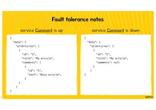 Fault tolerance notes
{
"data": {
"allArticles": [
{
"id": "1",
"title": "My article",
"comments": [
{
"id": "1",
"text": ...