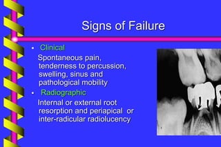 Signs of Failure
 Clinical
Spontaneous pain,
tenderness to percussion,
swelling, sinus and
pathological mobility
 Radiographic
Internal or external root
resorption and periapical or
inter-radicular radiolucency
 