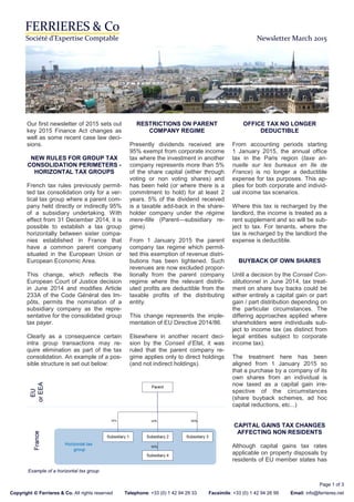 Our first newsletter of 2015 sets out
key 2015 Finance Act changes as
well as some recent case law deci-
sions.
NEW RULES FOR GROUP TAX
CONSOLIDATION PERIMETERS -
HORIZONTAL TAX GROUPS
French tax rules previously permit-
ted tax consolidation only for a ver-
tical tax group where a parent com-
pany held directly or indirectly 95%
of a subsidiary undertaking. With
effect from 31 December 2014, it is
possible to establish a tax group
horizontally between sister compa-
nies established in France that
have a common parent company
situated in the European Union or
European Economic Area.
This change, which reflects the
European Court of Justice decision
in June 2014 and modifies Article
233A of the Code Général des Im-
pôts, permits the nomination of a
subsidiary company as the repre-
sentative for the consolidated group
tax payer.
Clearly as a consequence certain
intra group transactions may re-
quire elimination as part of the tax
consolidation. An example of a pos-
sible structure is set out below:
RESTRICTIONS ON PARENT
COMPANY REGIME
Presently dividends received are
95% exempt from corporate income
tax where the investment in another
company represents more than 5%
of the share capital (either through
voting or non voting shares) and
has been held (or where there is a
commitment to hold) for at least 2
years. 5% of the dividend received
is a taxable add-back in the share-
holder company under the régime
mere-fille (Parent—subsidiary re-
gime).
From 1 January 2015 the parent
company tax regime which permit-
ted this exemption of revenue distri-
butions has been tightened. Such
revenues are now excluded propor-
tionally from the parent company
regime where the relevant distrib-
uted profits are deductible from the
taxable profits of the distributing
entity.
This change represents the imple-
mentation of EU Directive 2014/86.
Elsewhere in another recent deci-
sion by the Conseil d’Etat, it was
ruled that the parent company re-
gime applies only to direct holdings
(and not indirect holdings).
OFFICE TAX NO LONGER
DEDUCTIBLE
From accounting periods starting
1 January 2015, the annual office
tax in the Paris region (taxe an-
nuelle sur les bureaux en Ile de
France) is no longer a deductible
expense for tax purposes. This ap-
plies for both corporate and individ-
ual income tax scenarios.
Where this tax is recharged by the
landlord, the income is treated as a
rent supplement and so will be sub-
ject to tax. For tenants, where the
tax is recharged by the landlord the
expense is deductible.
BUYBACK OF OWN SHARES
Until a decision by the Conseil Con-
stitutionnel in June 2014, tax treat-
ment on share buy backs could be
either entirely a capital gain or part
gain / part distribution depending on
the particular circumstances. The
differing approaches applied where
shareholders were individuals sub-
ject to income tax (as distinct from
legal entities subject to corporate
income tax).
The treatment here has been
aligned from 1 January 2015 so
that a purchase by a company of its
own shares from an individual is
now taxed as a capital gain irre-
spective of the circumstances
(share buyback schemes, ad hoc
capital reductions, etc...)
CAPITAL GAINS TAX CHANGES
AFFECTING NON RESIDENTS
Although capital gains tax rates
applicable on property disposals by
residents of EU member states has
Page 1 of 3
Copyright © Ferrieres & Co. All rights reserved Telephone: +33 (0) 1 42 94 29 33 Facsimile: +33 (0) 1 42 94 26 99 Email: info@ferrieres.net
Newsletter March 2015
Example of a horizontal tax group
 