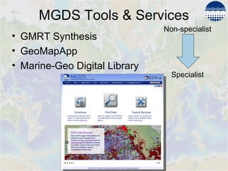 MGDS Tools & Services
• GMRT Synthesis
• GeoMapApp
• Marine-Geo Digital Library
Specialist
Non-specialist
 