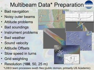 Multibeam Data* Preparation
• Bad navigation
• Noisy outer beams
• Attitude problems
• Bad soundings
• Instrument problems
• Bad weather
• Sound velocity
• Attitude Offsets
• Slow speed in turns
• Grid weighting
• Resolution (100, 50, 25 m)
*LDEO team processes swath files (public domain, primarily US Academic)
 