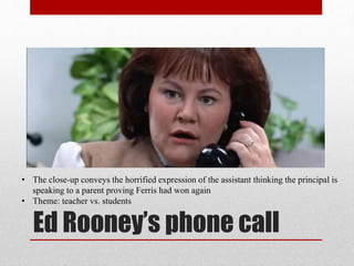 Ed Rooney’s phone call
• The close-up conveys the horrified expression of the assistant thinking the principal is
speaking to a parent proving Ferris had won again
• Theme: teacher vs. students
 