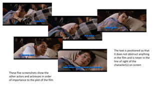 These five screenshots show the
other actors and actresses in order
of importance to the plot of the film
The text is positioned so that
it does not obstruct anything
in the film and is never in the
line of sight of the
character(s) on screen
 