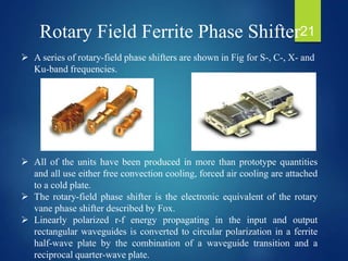 Rotary Field Ferrite Phase Shifter
 A series of rotary-field phase shifters are shown in Fig for S-, C-, X- and
Ku-band frequencies.
 All of the units have been produced in more than prototype quantities
and all use either free convection cooling, forced air cooling are attached
to a cold plate.
 The rotary-field phase shifter is the electronic equivalent of the rotary
vane phase shifter described by Fox.
 Linearly polarized r-f energy propagating in the input and output
rectangular waveguides is converted to circular polarization in a ferrite
half-wave plate by the combination of a waveguide transition and a
reciprocal quarter-wave plate.
21
 
