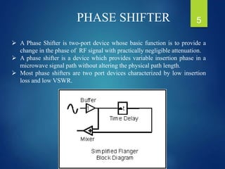  A Phase Shifter is two-port device whose basic function is to provide a
change in the phase of RF signal with practically negligible attenuation.
 A phase shifter is a device which provides variable insertion phase in a
microwave signal path without altering the physical path length.
 Most phase shifters are two port devices characterized by low insertion
loss and low VSWR.
PHASE SHIFTER 5
 