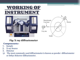 WORKING OF
INSTRUMENT
Fig: X ray diffractometer
Componenets:-
1. Sample
2. X ray Source
3. Detector
❑ The most commonly used diffractometer is known as powder diffractometer
or Debye Scherrer diffractometer.
 