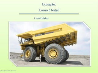 Extração.
Como é feita?
Caminhões.
240a 400toneladasdeminério.
 