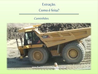 Extração.
Como é feita?
Caminhões.
 