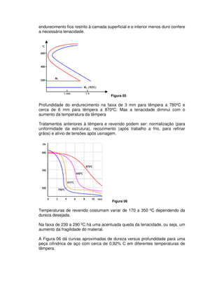 endurecimento fica restrito à camada superficial e o interior menos duro confere
a necessária tenacidade.
Figura 05
Profundidade do endurecimento na faixa de 3 mm para têmpera a 780ºC e
cerca de 6 mm para têmpera a 870ºC. Mas a tenacidade diminui com o
aumento da temperatura da têmpera
Tratamentos anteriores à têmpera e revenido podem ser: normalização (para
uniformidade da estrutura), recozimento (após trabalho a frio, para refinar
grãos) e alívio de tensões após usinagem.
Figura 06
Temperaturas de revenido costumam variar de 170 a 350 ºC dependendo da
dureza desejada.
Na faixa de 230 a 290 ºC há uma acentuada queda da tenacidade, ou seja, um
aumento da fragilidade do material.
A Figura 06 dá curvas aproximadas de dureza versus profundidade para uma
peça cilíndrica de aço com cerca de 0,92% C em diferentes temperaturas de
têmpera.
 