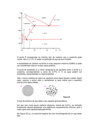 O ponto F corresponde ao máximo teor de carbono que a austenita pode
conter, isto é, 2,11%. É usado na distinção do aço do ferro fundido.
A solubilidade do carbono na ferrita é muito pequena (máximo 0,008%) e pode
ser considerada nula em muitos casos práticos.
O ponto E (eutetóide) é a menor temperatura de equilíbrio entre a ferrita e a
austenita, correspondendo a cerca de 0,77% C. E os aços podem ser
eutetóides, hipoeutetóides ou hipereutetóides.
Obs: o termo eutético se refere ao equilíbrio entre fases líquida e sólida. Neste
caso, usamos o sufixo óide (= semelhante a) para indicar que o equilíbrio
ocorre entre fases sólidas.
Figura 02
O teor de carbono do aço afeta o seu aspecto granulométrico.
Um aço com muito pouco carbono (digamos, menos de 0,01%), se resfriado
lentamente, deverá apresentar uma aparência razoavelmente uniforme, pois a
maior parte será representada pela ferrita.
Na Figura 02 (a), um possível aspecto de uma microfotografia de um aço deste
tipo.
 